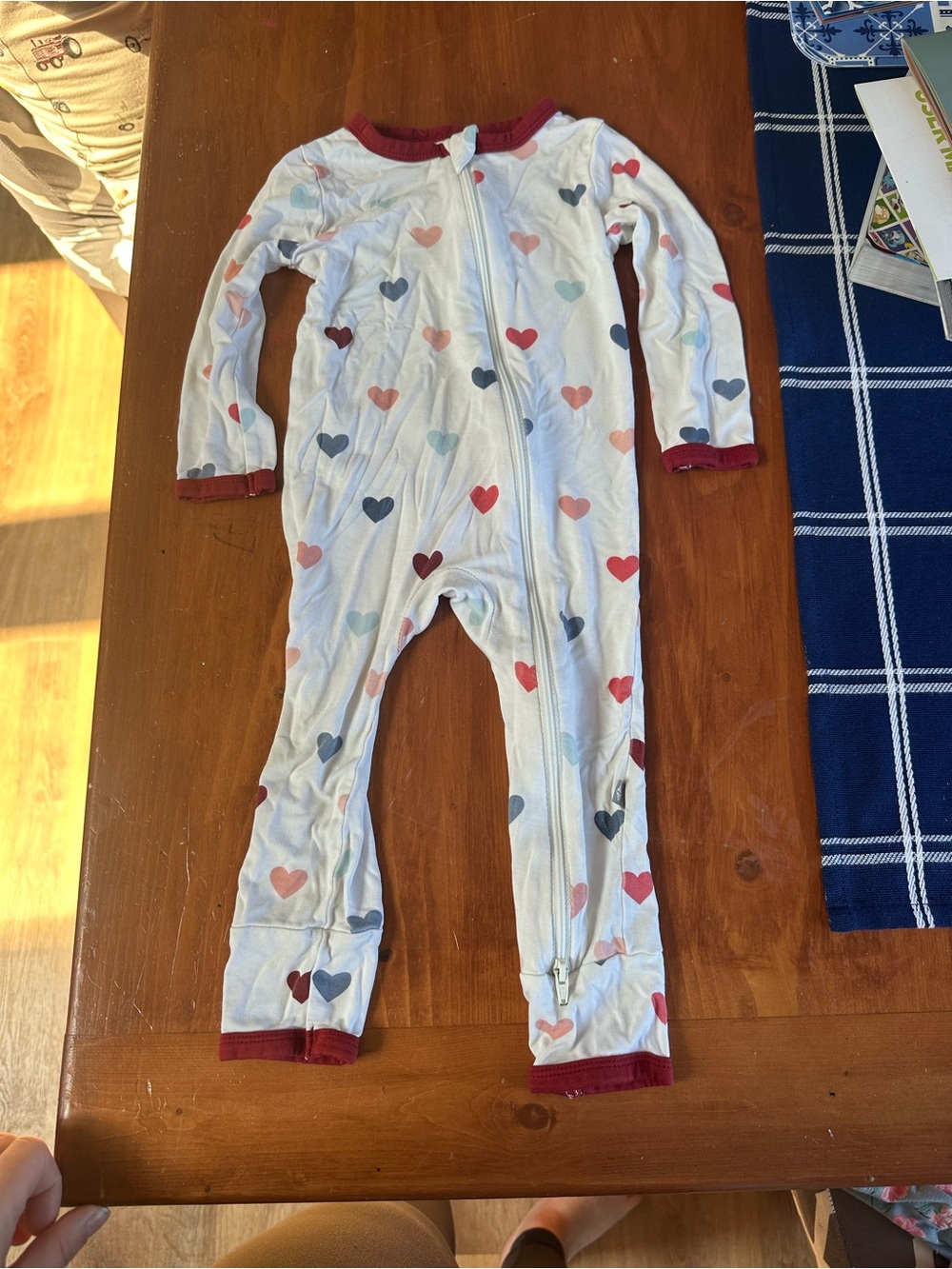 Kyte BABY White Footed One-Piece with Multicolored Heart Print and Maroon Trim
